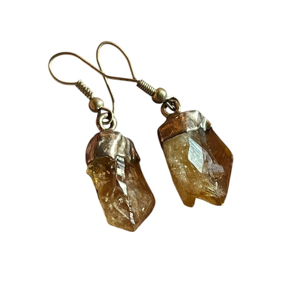 Citrine Raw Stone Handmade Earrings - Silver Plated